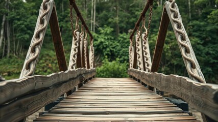 Obraz premium Rustic wooden bridge with twisted metal supports, wooden beams, twisted metal
