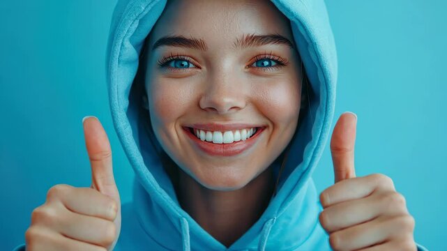 Cheerful young woman in a blue hoodie, smiling and giving a thumbs up, embodies positivity and success in a digital style.