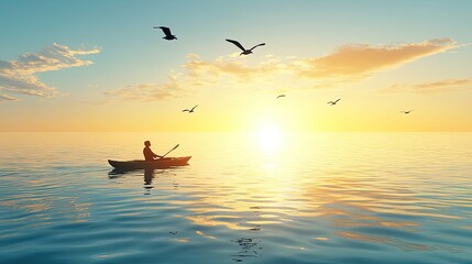 Fototapeta premium Silhouette of a person kayaking at sunset on a calm sea with birds flying overhead.