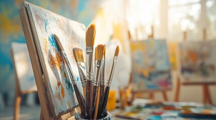 Paintbrushes in a jar on an easel with canvases in a bright art studio.