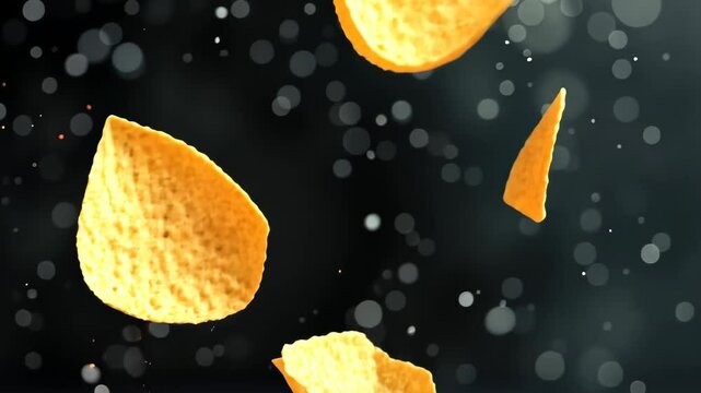 Crunchy fresh Doritos soar through the air against a dark backdrop, enticingly delicious, Ai Generated.