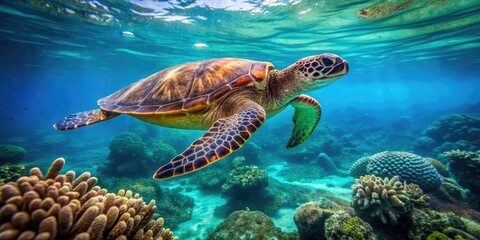 Obraz premium Sea turtle gliding slowly through the clear turquoise water surrounded by coral formations, underwater world, slow movement