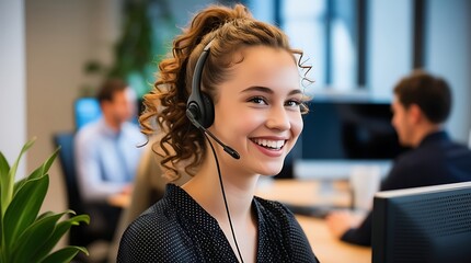 Professional female call center agent with curly hair, wearing a headset and smiling warmly in a busy, well-lit office environment with a welcoming and approachable demeanor

