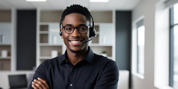 Friendly male customer service professional with a headset, dressed in a black shirt, smiling in a bright office setting, embodying confidence and excellent client relations

