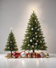 Simple white background with a twinkling christmas tree and baubles, festive holidays, shining decor, christmas tree, seasonal decorations, festive atmosphere