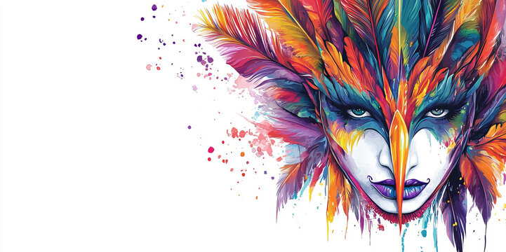 A vibrant Mardi Gras carnival mask with colorful feathers and intricate details stands out against a white background, showcasing the excitement and festive spirit of masquerade celebrations.