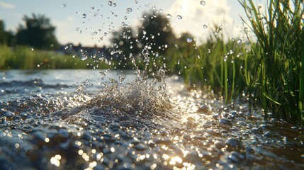 Fototapeta premium Splashing water in a sunny rural landscape