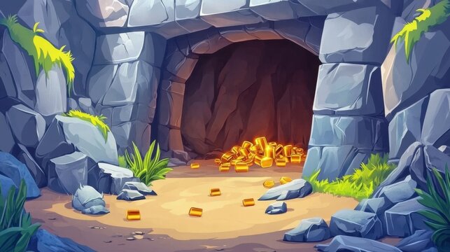A 2D cartoon game background of a mining quarry landscape, highlighting a copper ore mine tunnel, a cave entrance with glowing gold pieces, silver ingots in a rock, and stone shaft walls.