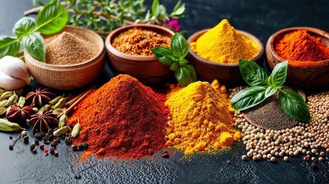 Assortment of aromatic, colorful spices and herbs, a feast for the senses, Ai Generated.