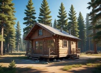 Small wooden cabin nestled among pine trees with clear blue sky, getaway, nature, forest, cabin