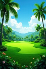 Fototapeta premium Lush green fairways, tropical landscaping, vibrant sky , sport, tee box, resort