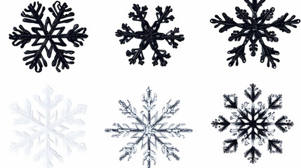Six unique black and white snowflakes isolated on white, winter design elements