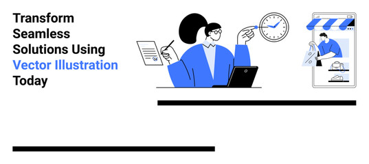 Woman at desk with laptop, analyzing data and pointing to clock. Mobile device showing online shopping. Ideal for productivity, remote work, e-commerce, scheduling, multitasking and e-learning. Flat