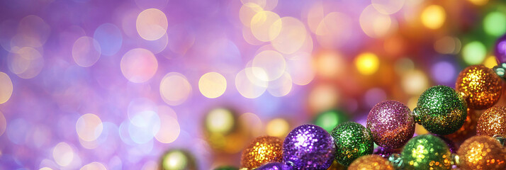 A festive background with shimmering Mardi Gras beads in purple, green, gold, and orange, set against an abstract bokeh backdrop, evoking joy and excitement for the vibrant celebration.