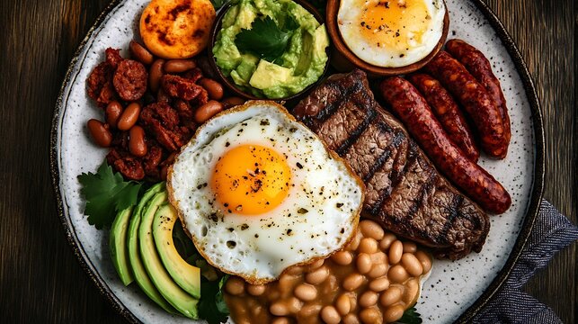 Top down view of Colombian bandeja paisa grilled steak chorizo fried egg avocado and beans arranged on a ceramic plate
