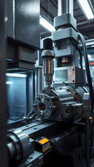 Fototapeta premium Modern machining center operates in a high-tech production environment, focusing on precision components. Concepts of machining, production, technology, industrial, equipment, automation