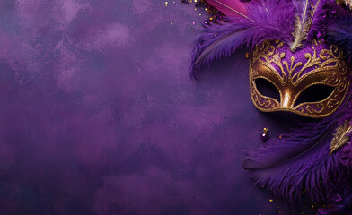 A festive Mardi Gras background featuring vibrant purple hues, ornate masks, and delicate feathers, arranged in a stylish flat lay with ample space for text, perfect for celebratory designs.