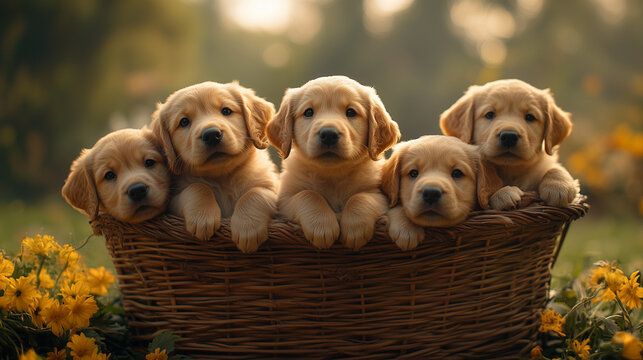 a group of fluffy Labrador puppies cuddled together inside a large wooden basket, their fur glowing under gentle natural light, set against a softly blurred countryside landscape - Powered by Adobe