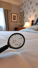 Naklejka premium In a well-decorated bedroom, a magnifying glass reveals several bed bugs crawling on the edge of a neatly made bed near a warm light source.