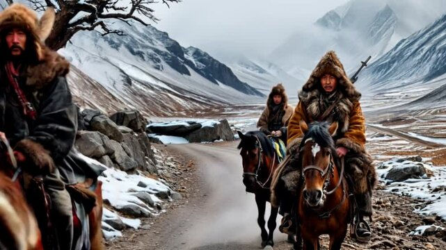 Riders are riding slowly along a road somewhere in the mountains. Dark fantasy video clip.
