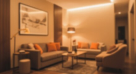 Fototapeta premium Abstract Blur Cozy Living Room Interior with Stylish Furniture and Warm Lighting for background