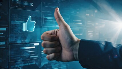Adult man giving thumbs up in front of digital interface