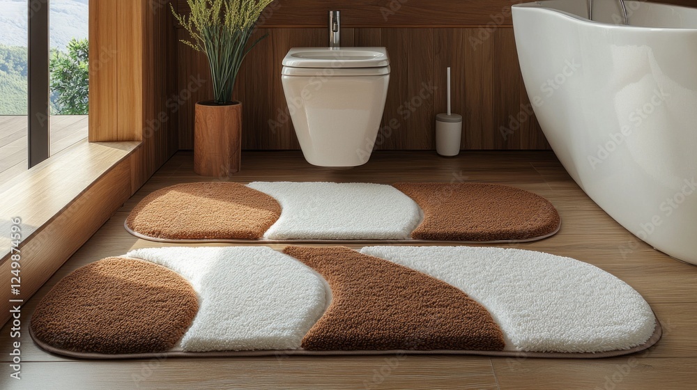 Poster soft shaggy bathroom rugs in abstract shapes complement wooden floor tiles and enhance the warmth an