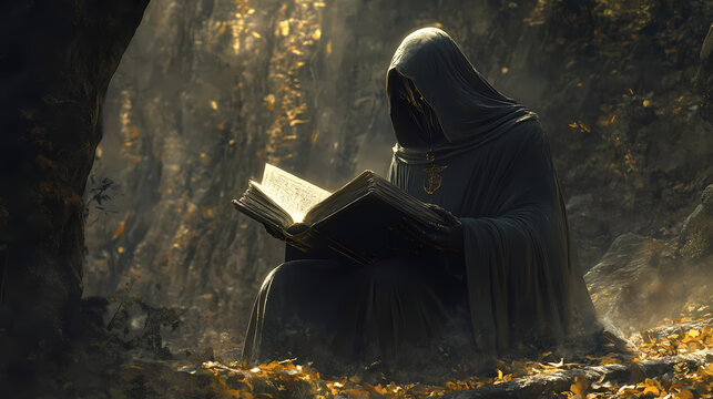 A mysterious cloaked figure reads an ancient tome. ideal for fantasy, sci-fi, or historical settings. can be used as a character, npc, or boss. Alien Rituals & Ceremonies. Illustration