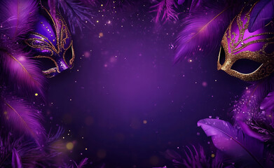 A decorative Mardi Gras background featuring vibrant masks and flowing feathers, designed with a central empty space for customizable text or festive announcements.