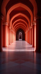 Obraz premium Red arched hallway, Middle East, sunlight, perspective, architecture