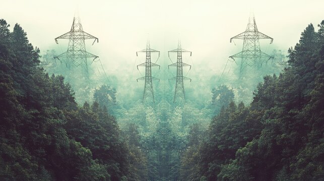 Misty landscape featuring towering power lines amidst dense forest and fog, evoking tranquility