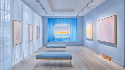 Modern art gallery interior with pastel paintings, light blue walls, and blue benches.