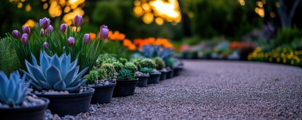 Sunset garden path succulents tulips landscaping