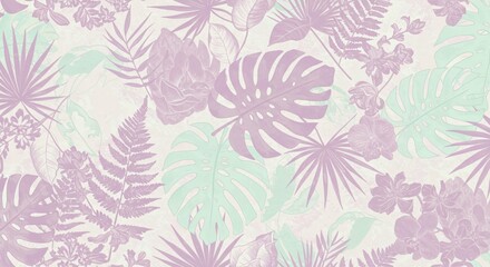Fototapeta premium Seamless patterns of tropical leaves and floral designs in pastel tones