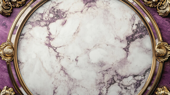 A luxurious marble-textured surface with rounded edges, elegantly decorated with gold accents, set in a sophisticated purple and white color scheme, ideal for elegant branding concepts.