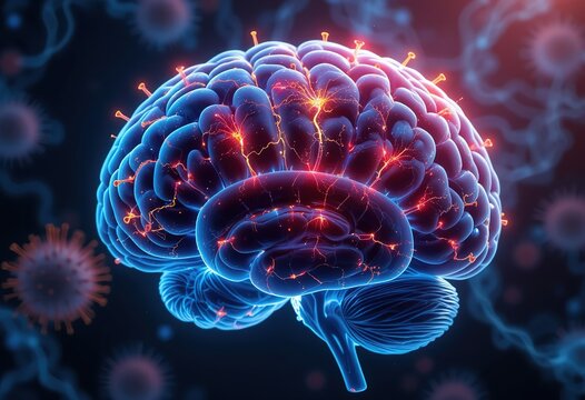 Illuminated Brain Under Viral Attack Showing Neurological Damage