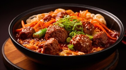 Fototapeta premium Delectable meatball noodle bowl with savory sauce and vibrant garnishes