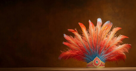 A striking feathered headdress in vibrant hues sits atop a wooden table against a dark brown background, representing cultural heritage and pride in a visually rich composition.