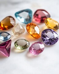 Collection of colorful gemstones on white background.