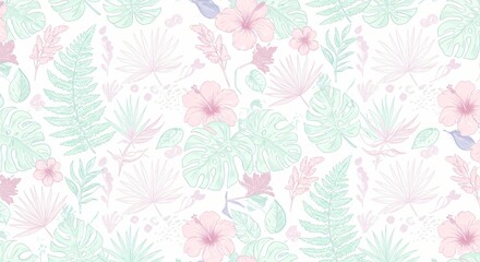 Fototapeta premium Seamless patterns of tropical leaves and floral designs in pastel tones