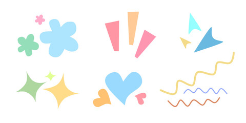 Abstract shapes sticker pack. Element set of decorative organic symbol. Doodle, flower, sparkle, star, confetti, lines in trendy cartoon style. Simple icon and colorful drawing. Vector illustration.