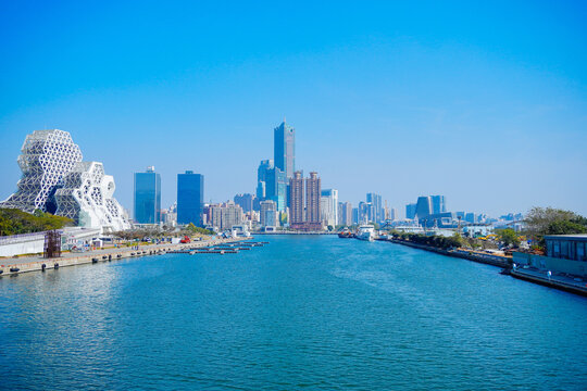 Kaohsiung, Taiwan, Republic of China, 01 25 2024: The landscape of Kaosiung pier 2 harbor and downtown