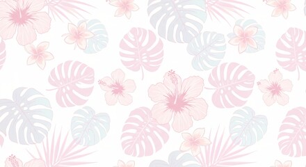 Seamless patterns of tropical leaves and floral designs in pastel tones