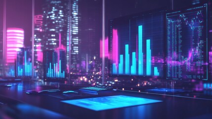 Naklejka premium Night cityscape view from office showing glowing computer screens displaying financial data charts and graphs.