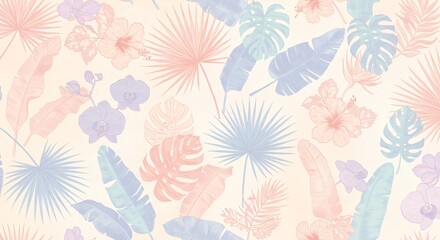 Fototapeta premium Seamless patterns of tropical leaves and floral designs in pastel tones