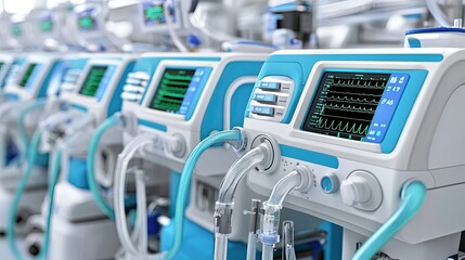 Row of modern medical ventilators in a hospital or clinic setting, showing screens displaying vital signs.
