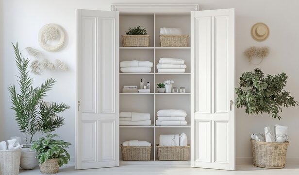 Organized linen closet with white towels, baskets, and plants.