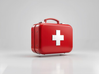 Fototapeta premium A sleek red first aid kit with a white cross, designed for medical, safety, and health-focused themes. Generative AI