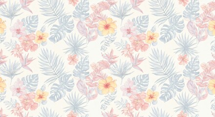 Seamless patterns of tropical leaves and floral designs in pastel tones