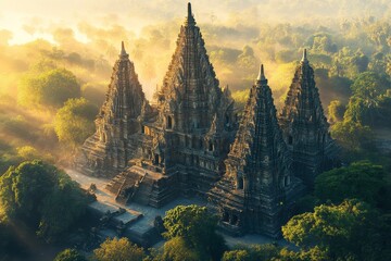 Sunrise over ancient temple, lush forest, travel